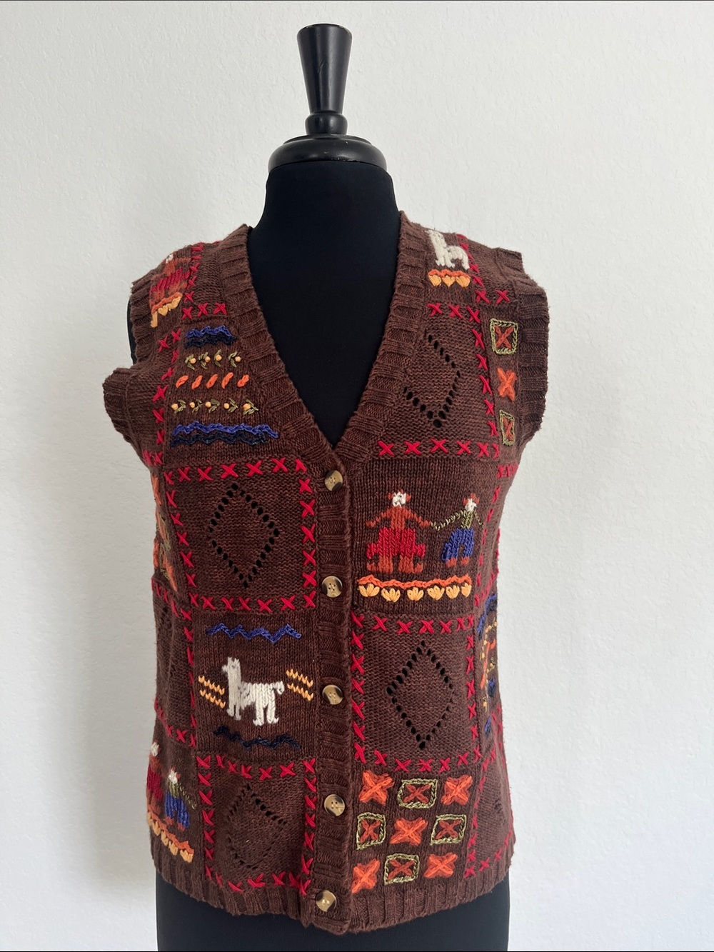 Vintage-Inspired Brown Knit Button Vest Sweater